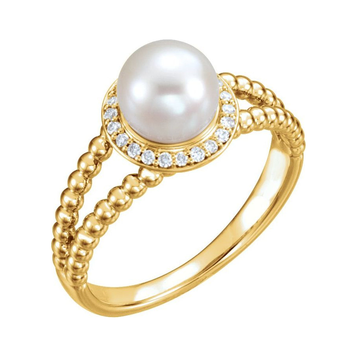 14K Yellow Gold Beaded Halo Pearl Ring with a cultured freshwater pearl, natural diamond accents