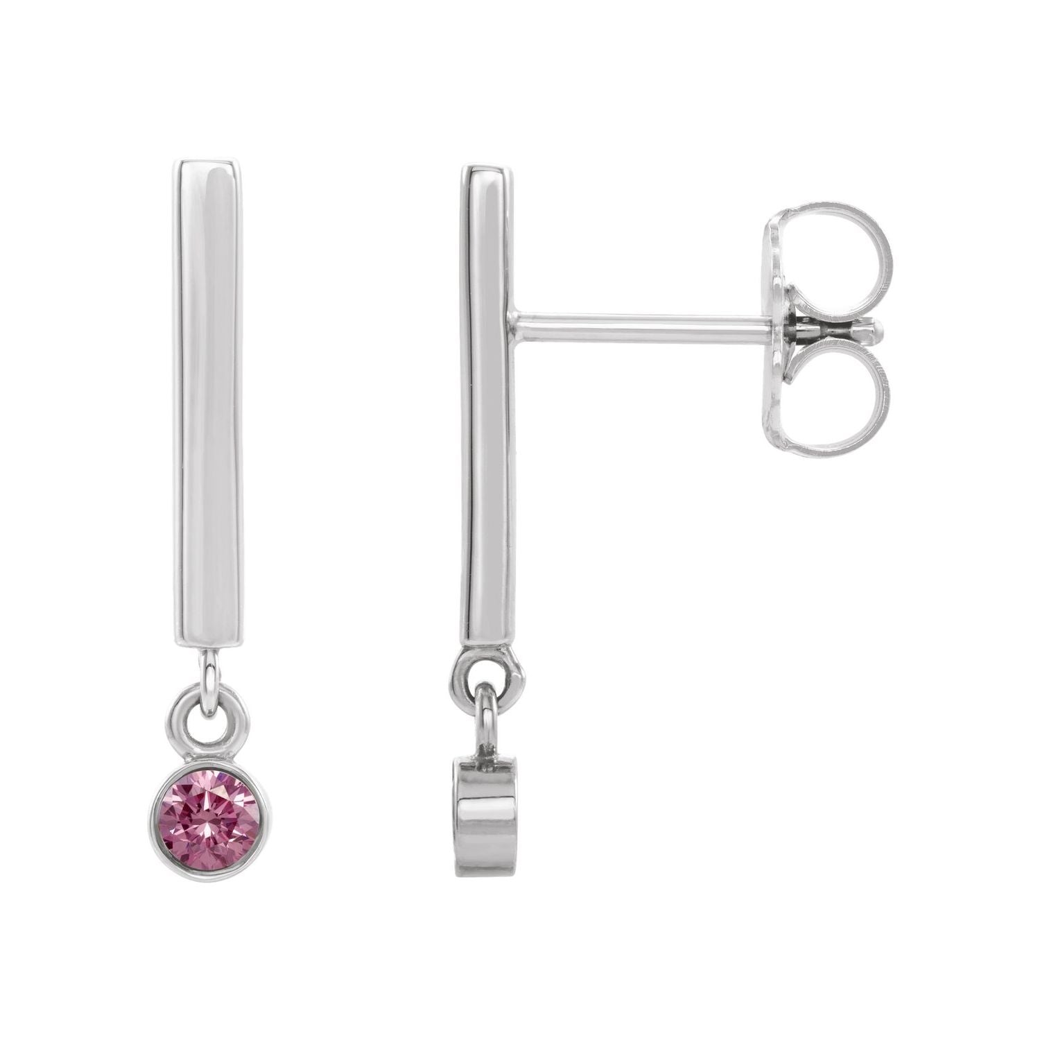 14K White Gold natural pink tourmaline bar earrings