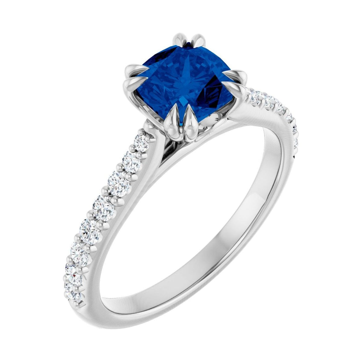 Cushion 1 ct blue sapphire 14K White Gold double claw-prong solitaire engagement ring