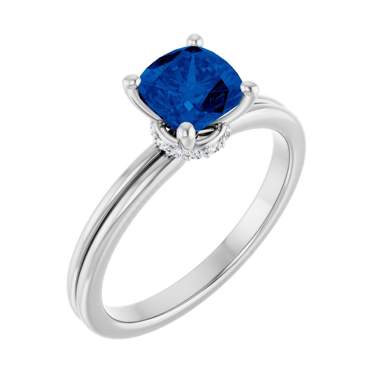 Cushion 1 ct blue sapphire 14K White Gold hidden-accent solitaire engagement ring