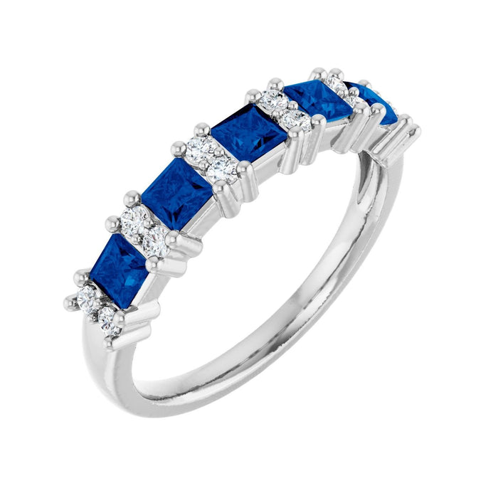blue sapphire & diamond wedding band in 14k White Gold