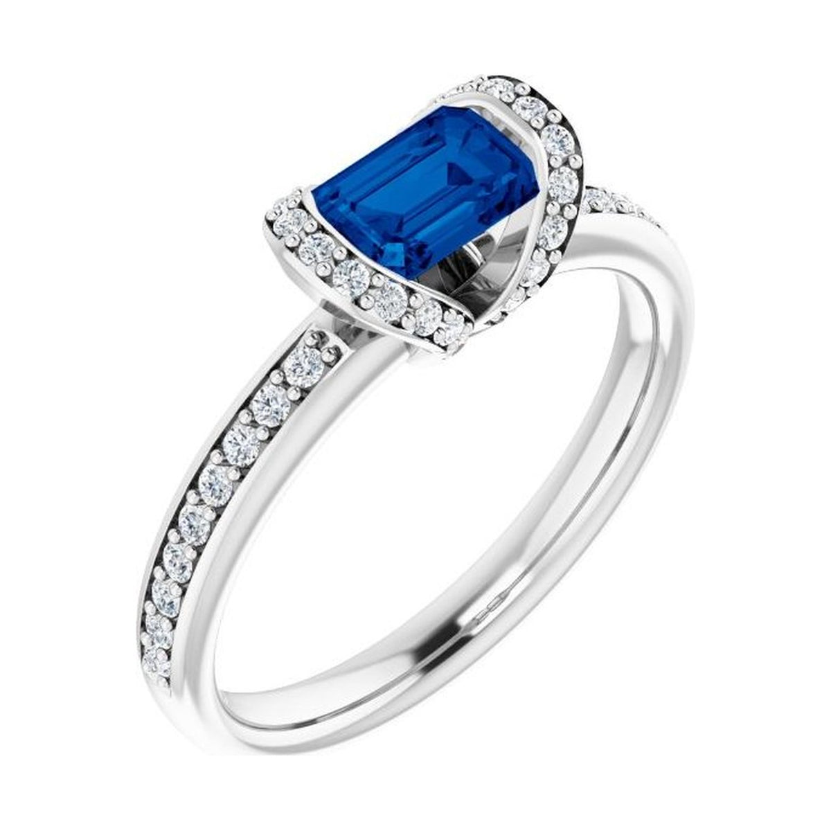 Emerald 1 ct blue sapphire 14K White Gold half-bezel halo engagement ring