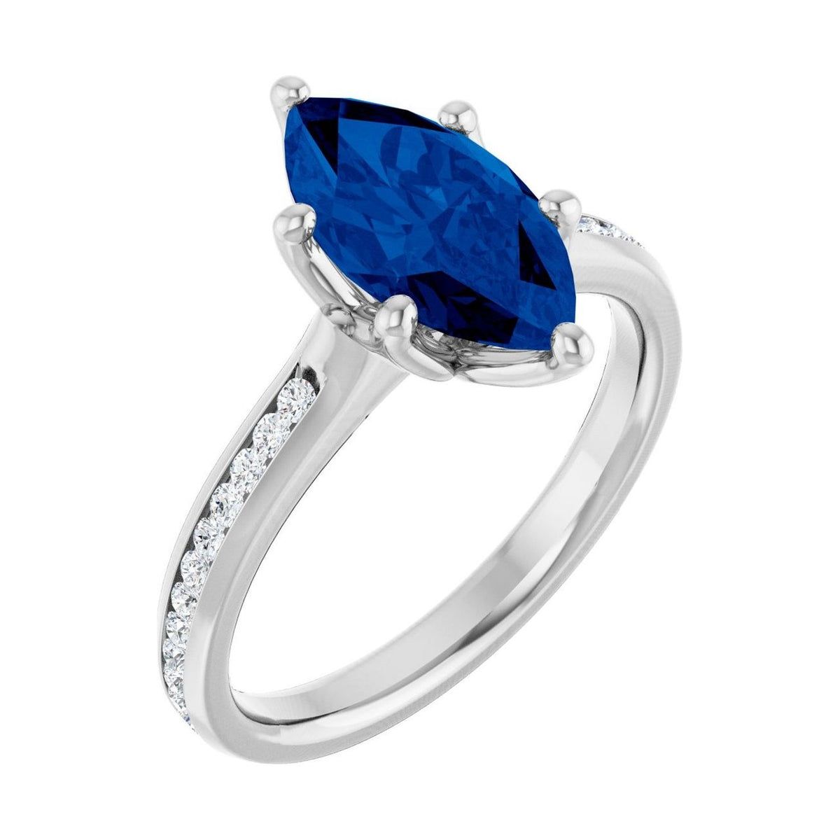 Marquise 1 ct blue sapphire 14K White Gold accented shoulder engagement ring