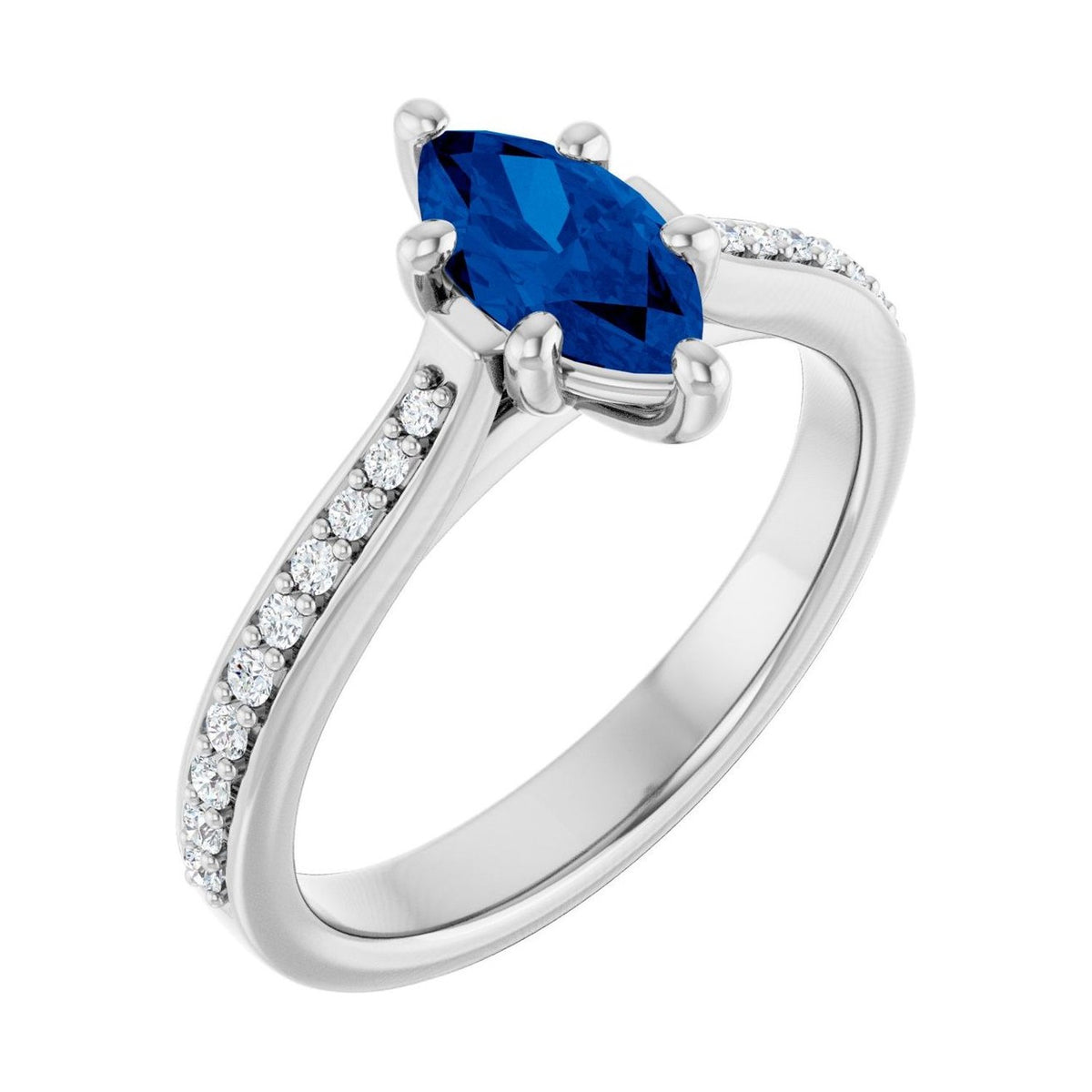 Marquise 1 ct blue sapphire 14K White Gold french pavé solitaire engagement ring