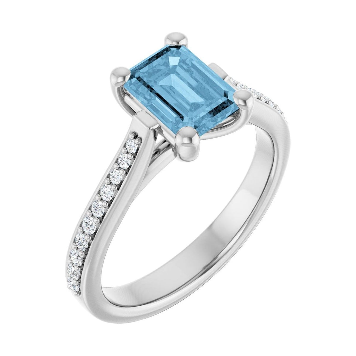 Emerald 1 ct blue topaz 14K White Gold french pavé solitaire engagement ring
