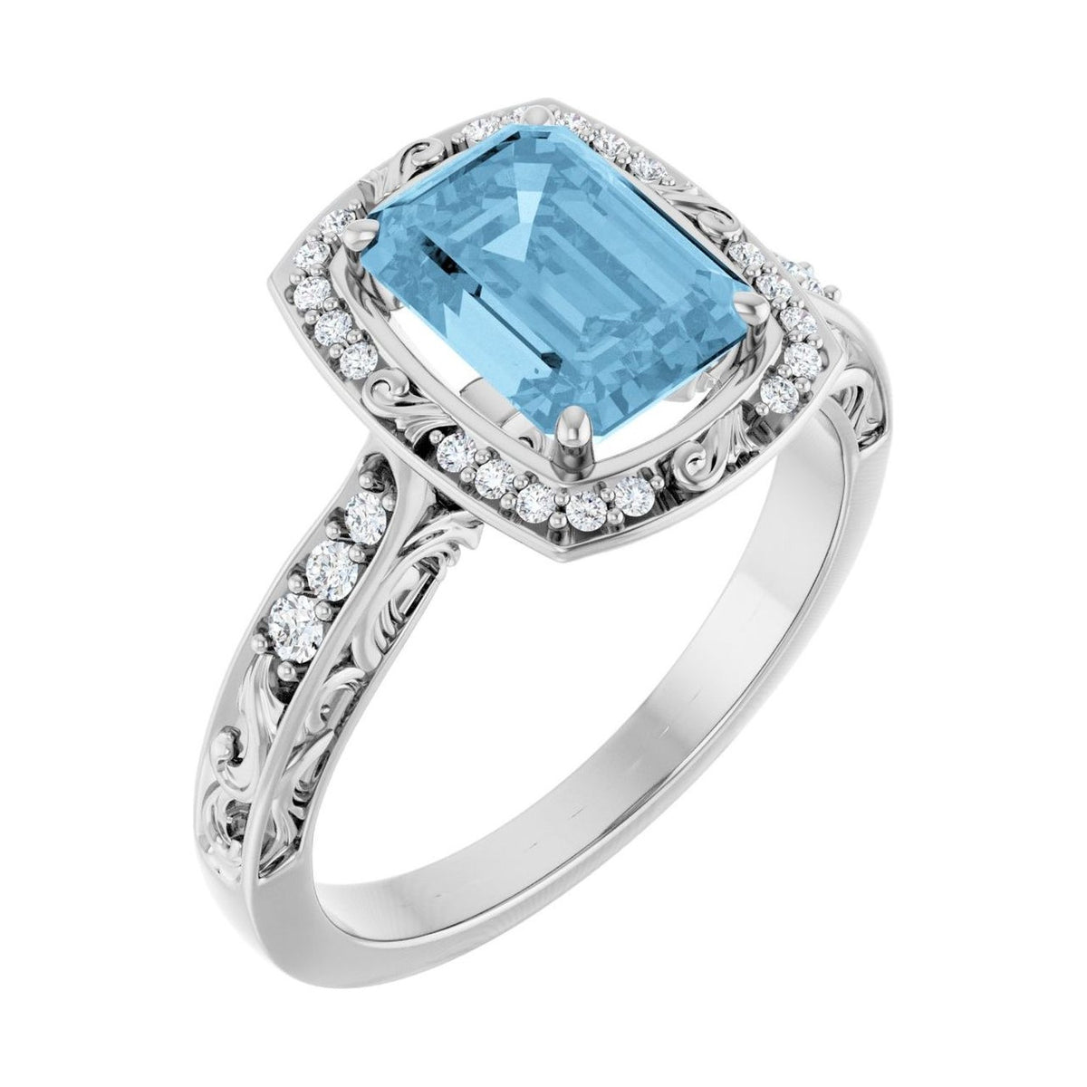 Emerald 1 ct blue topaz 14K White Gold vintage scroll halo engagement ring