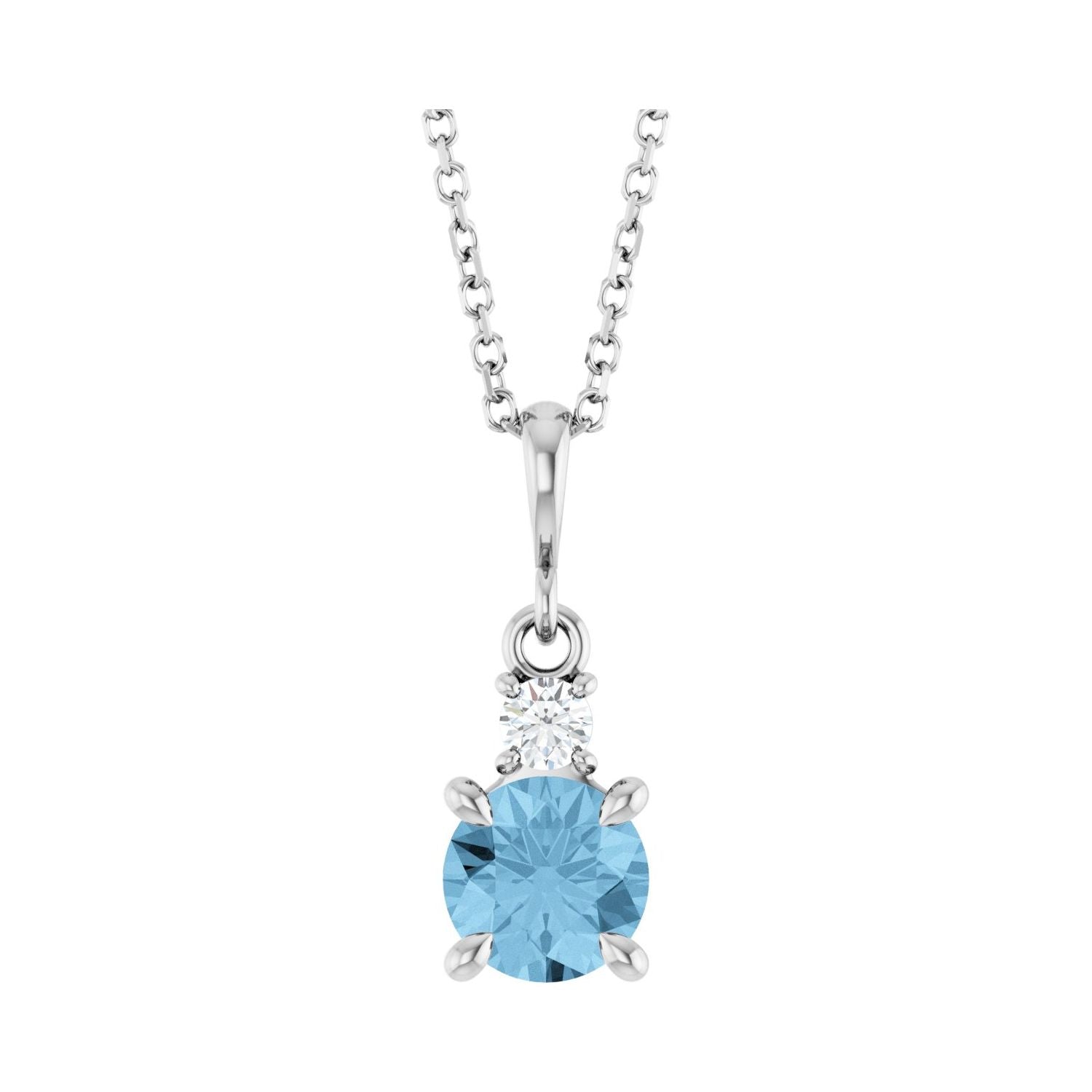14K White Gold round sky blue topaz necklace with a diamond accent above the centre stone