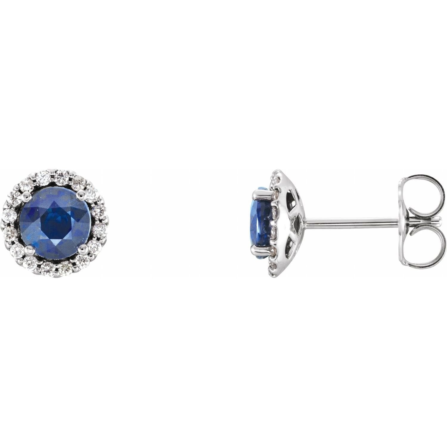 bold round natural blue sapphire earrings in 14k White Gold
