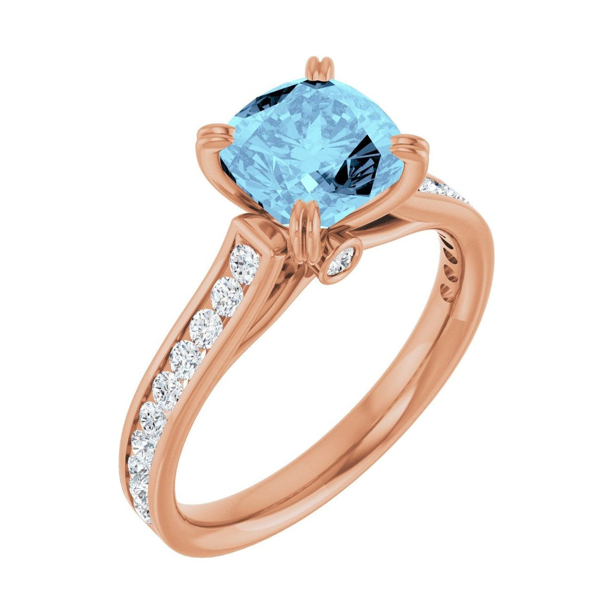 Cushion 1 ct Cathedral Pavé Natural Aquamarine Engagement Ring in 14K Rose Gold