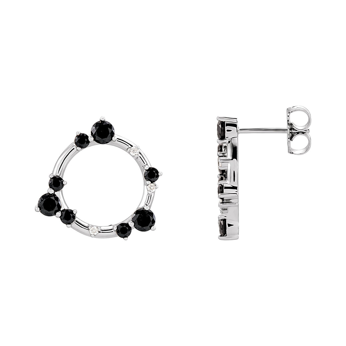 Circle Black Onyx Stud Earrings in 14K White Gold