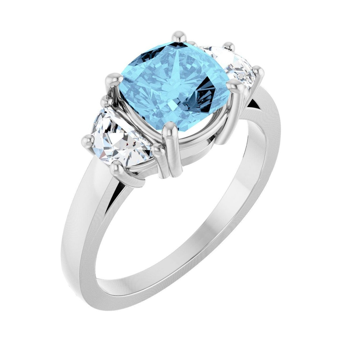 Cushion 1 ct Classic Three-Stone Natural Aquamarine Engagement Ring in 14K White Gold