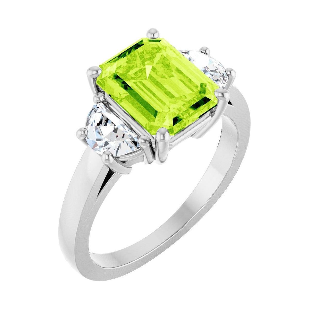 Emerald 2 ct Classic Three-Stone Natural Peridot Engagement Ring in 14K White Gold