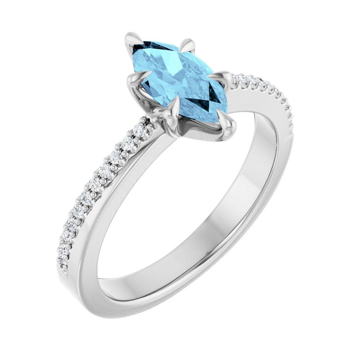 Marquise 1 ct Claw-Prong Pavé Natural Aquamarine Engagement Ring in 14K White Gold