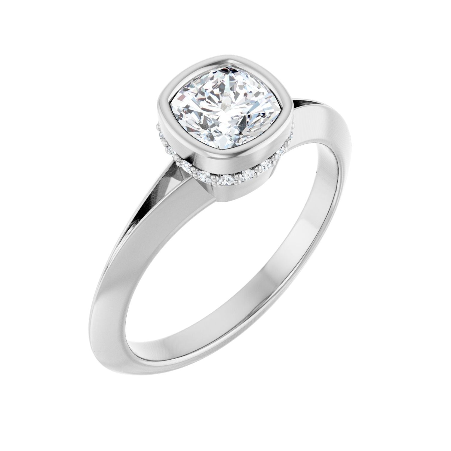 Bezel Cushion Solitaire with Hidden Halo in 14K White Gold with a 1.00 ct cushion-cut diamond centre — Diamond & Sapphire cushion engagement ring
