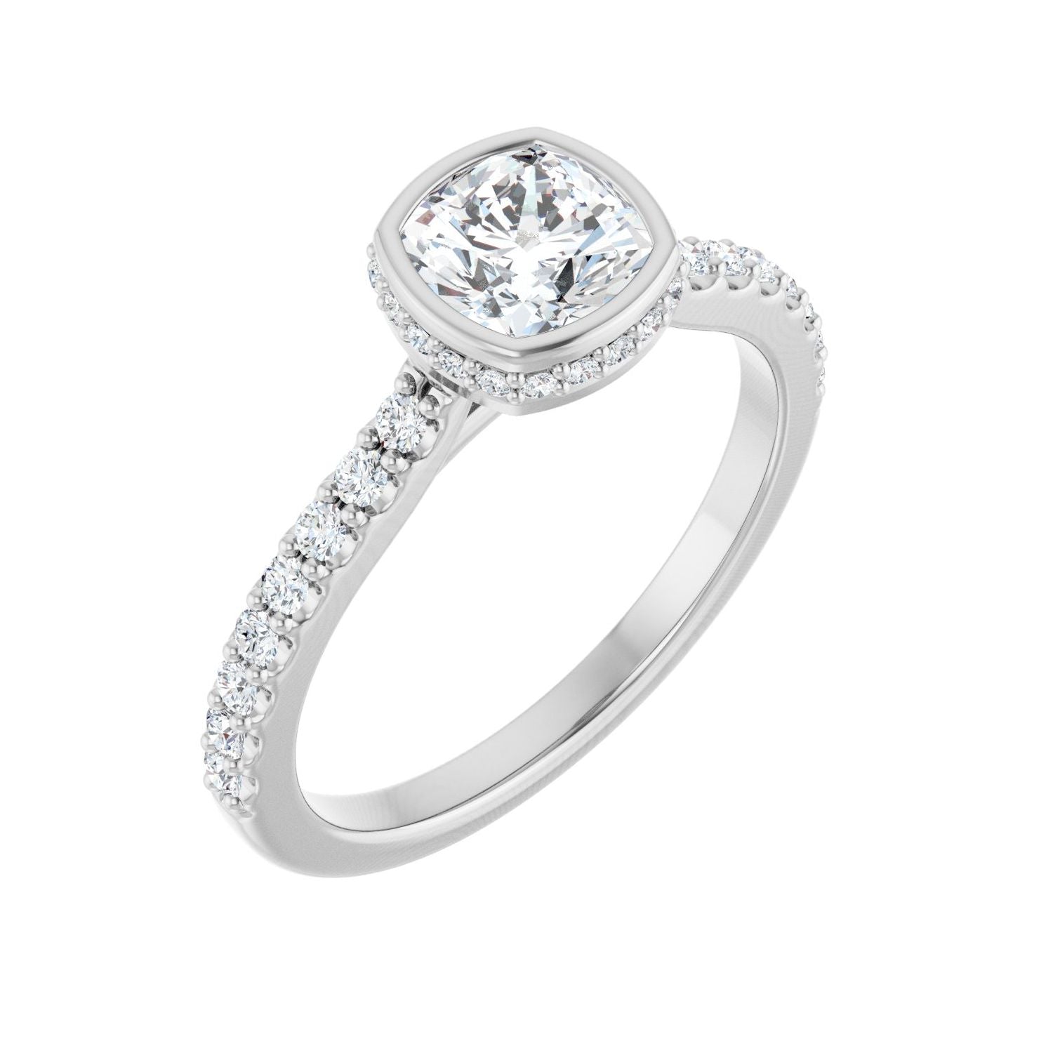 Cushion Halo Ring with Pave Shank in 14K White Gold with a 1.00 ct cushion-cut diamond centre — Diamond & Sapphire cushion engagement ring
