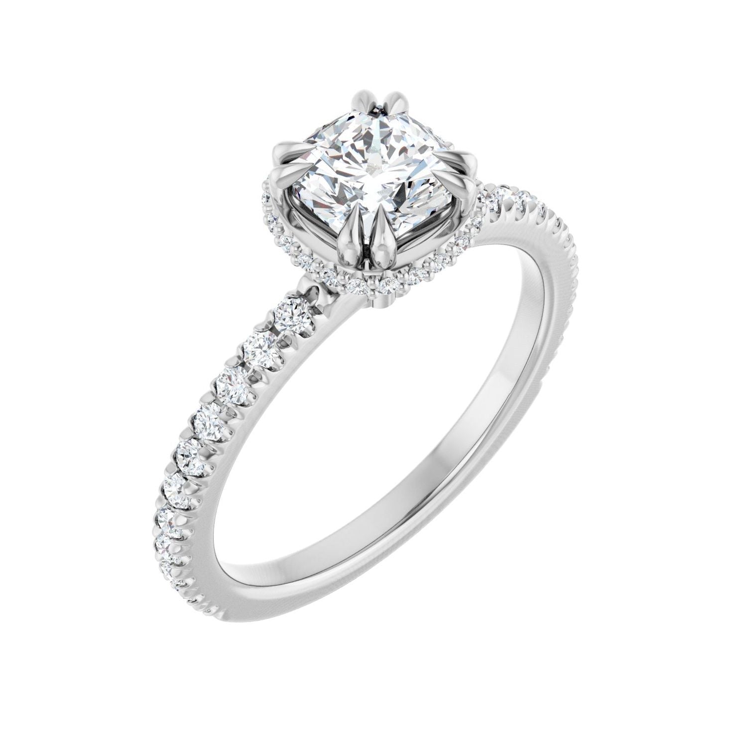 Hidden-Halo Pave Cathedral Cushion in 14K White Gold with a 1.00 ct cushion-cut diamond centre — Diamond & Sapphire cushion engagement ring