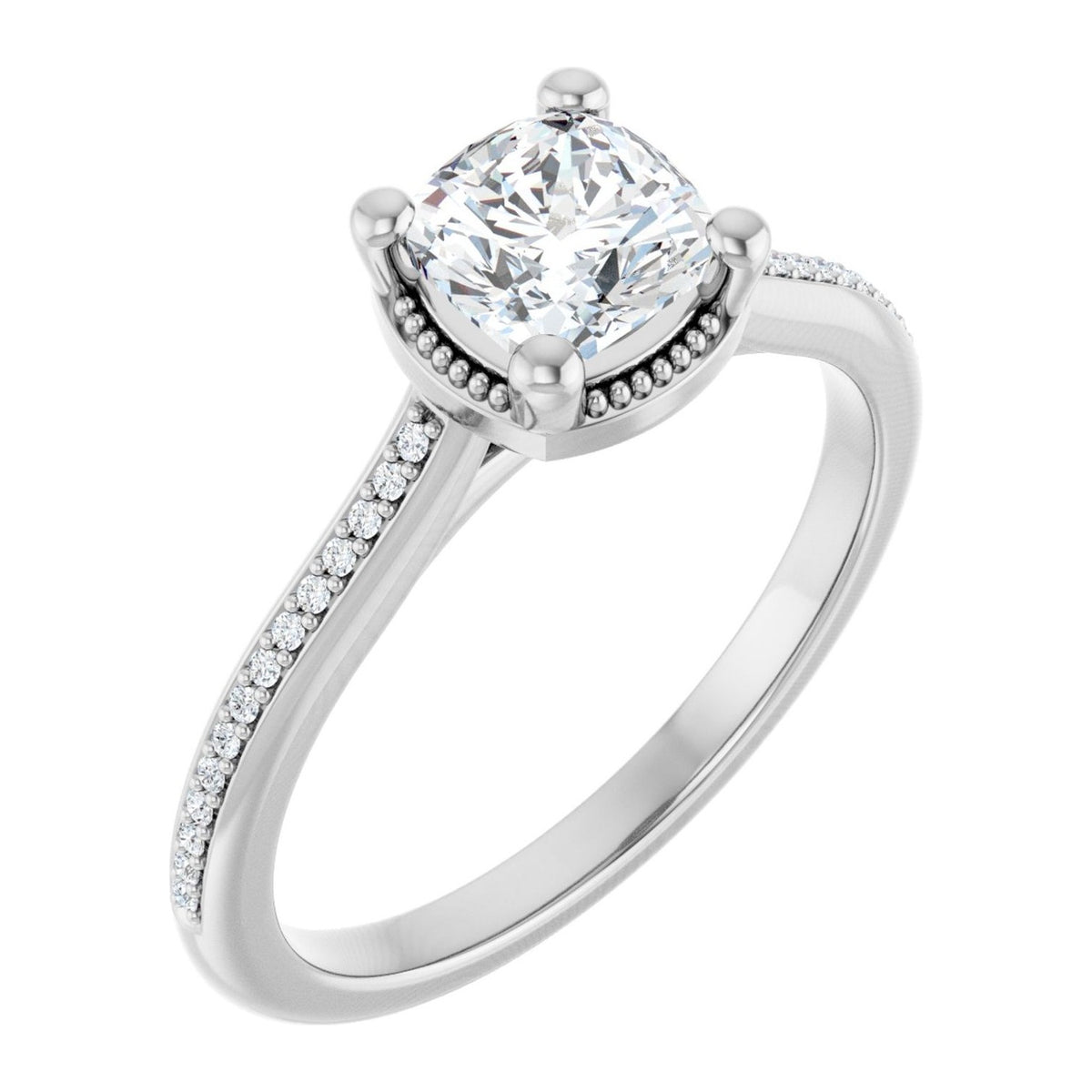 Cushion Lab-Grown Diamond Vintage Milgrain Collar Pavé engagement ring in 14K White Gold, shown with a 1.00 ct center