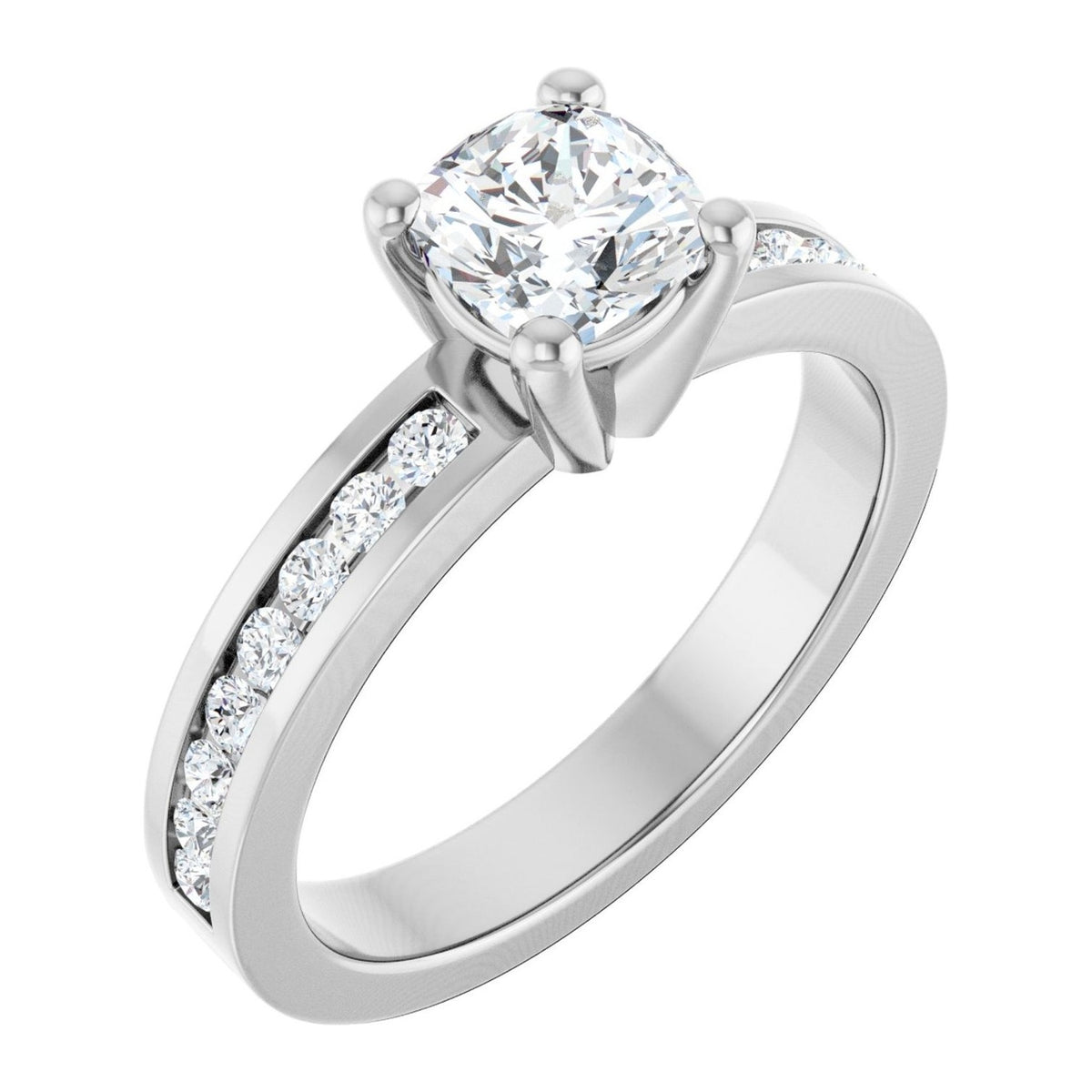 Cushion Lab-Grown Diamond Wide Channel-Set Solitaire engagement ring in 14K White Gold, shown with a 1.00 ct center