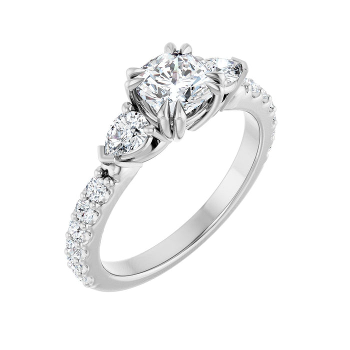 Pear-Accent Three-Stone Cushion Ring in 14K White Gold with a 1.00 ct cushion-cut diamond centre — Diamond & Sapphire cushion engagement ring