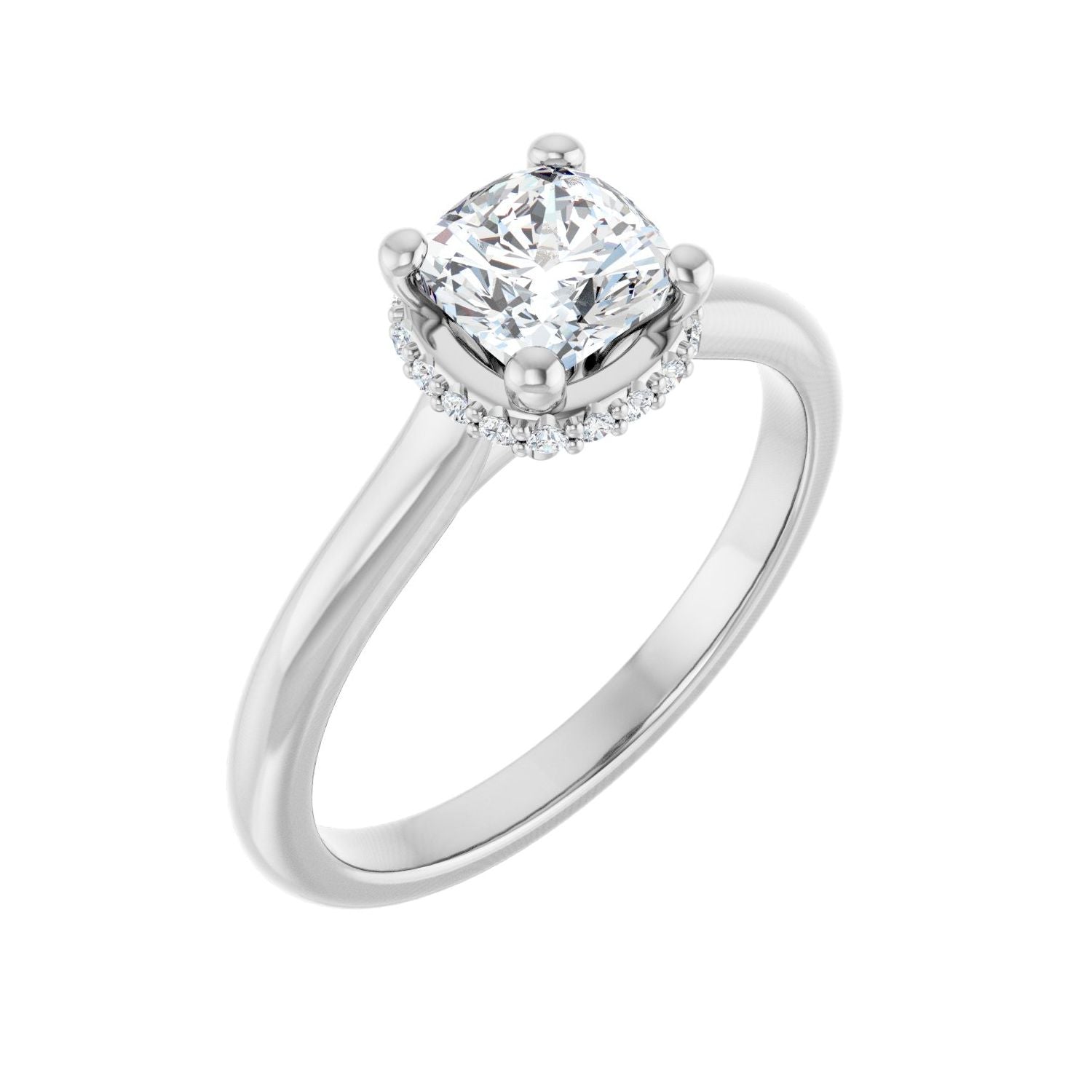 Petite Hidden-Halo Cushion Solitaire in 14K White Gold with a 1.00 ct cushion-cut diamond centre — Diamond & Sapphire cushion engagement ring