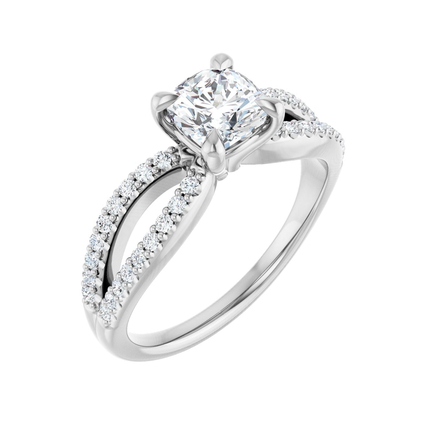 Split-Shank Pave Cushion Ring in 14K White Gold with a 1.00 ct cushion-cut diamond centre — Diamond & Sapphire cushion engagement ring