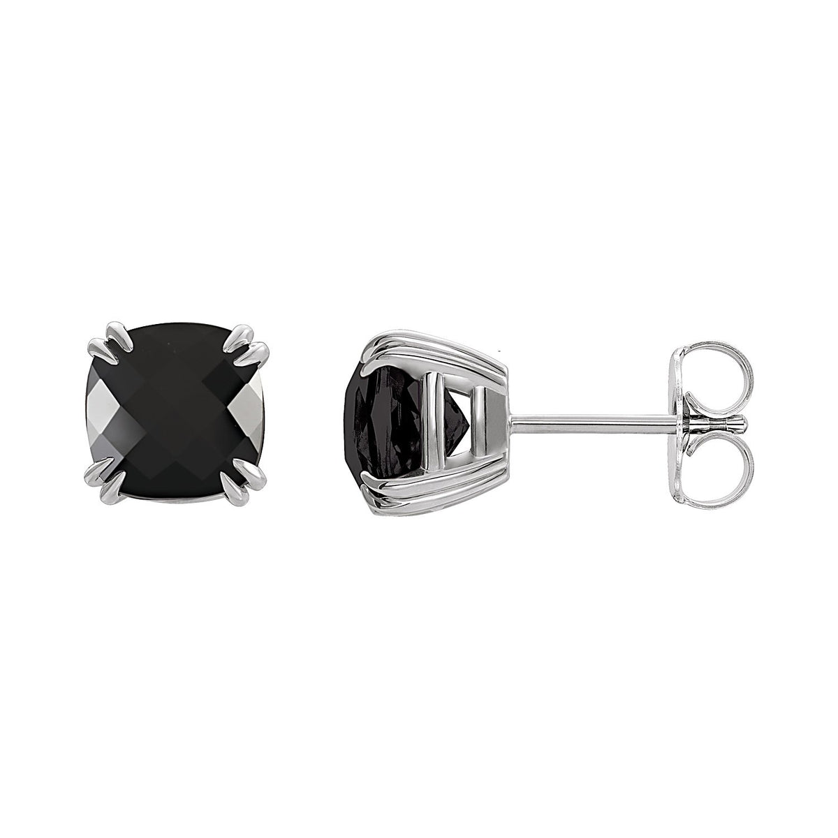 Cushion Black Onyx Stud Earrings in 14K White Gold