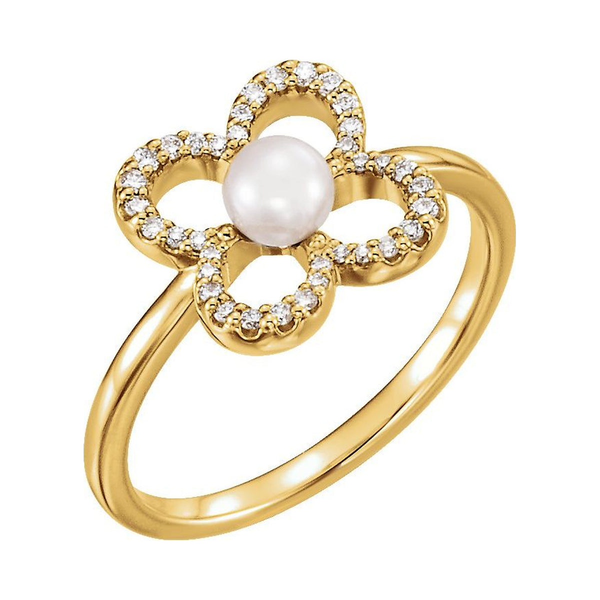 14K Yellow Gold Diamond Clover Pearl Ring with a cultured freshwater pearl, natural diamond accents