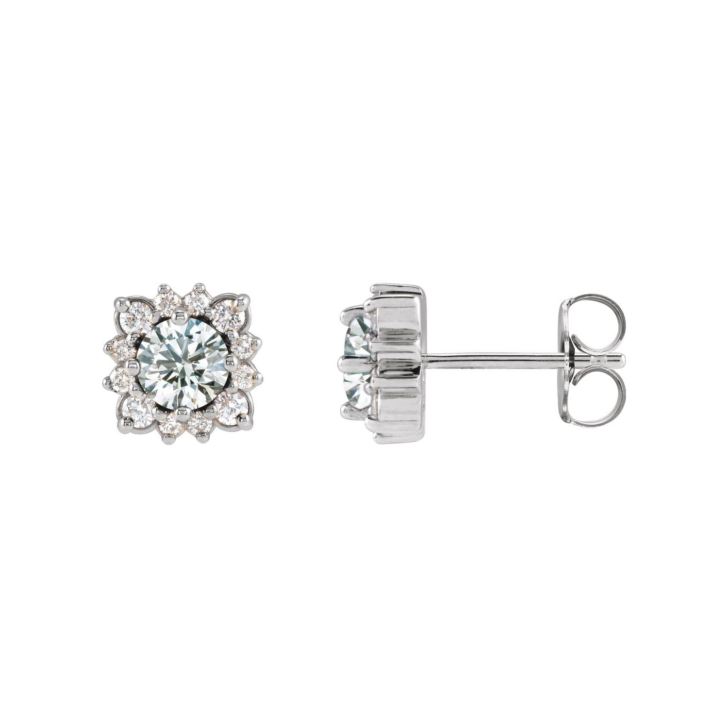 14K White Gold 6.9 mm full diamond halo 3 mm white sapphire stud earrings
