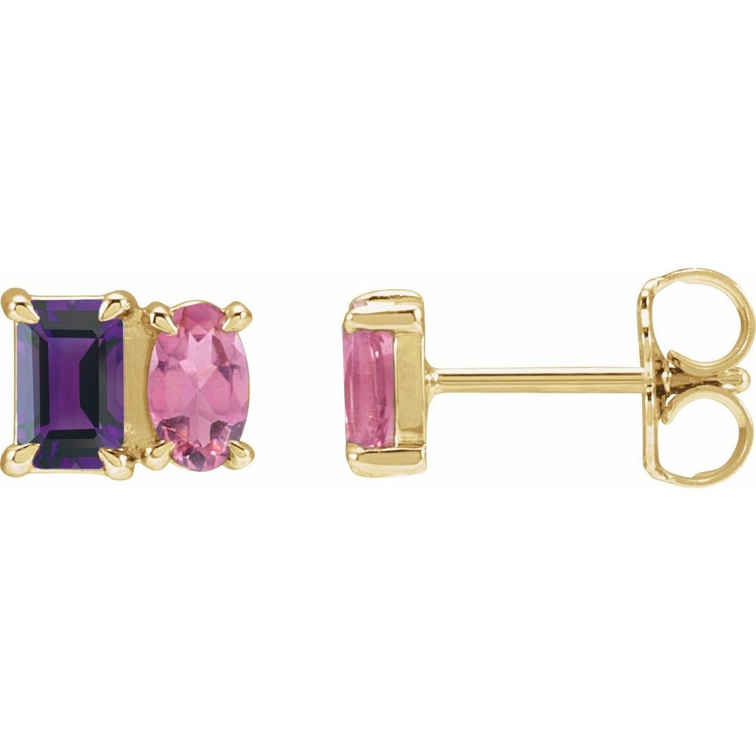 emerald-cut amethyst & diamond studs in 14k Yellow Gold