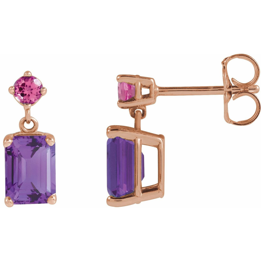 emerald-cut amethyst drop earrings in 14k Rose Gold
