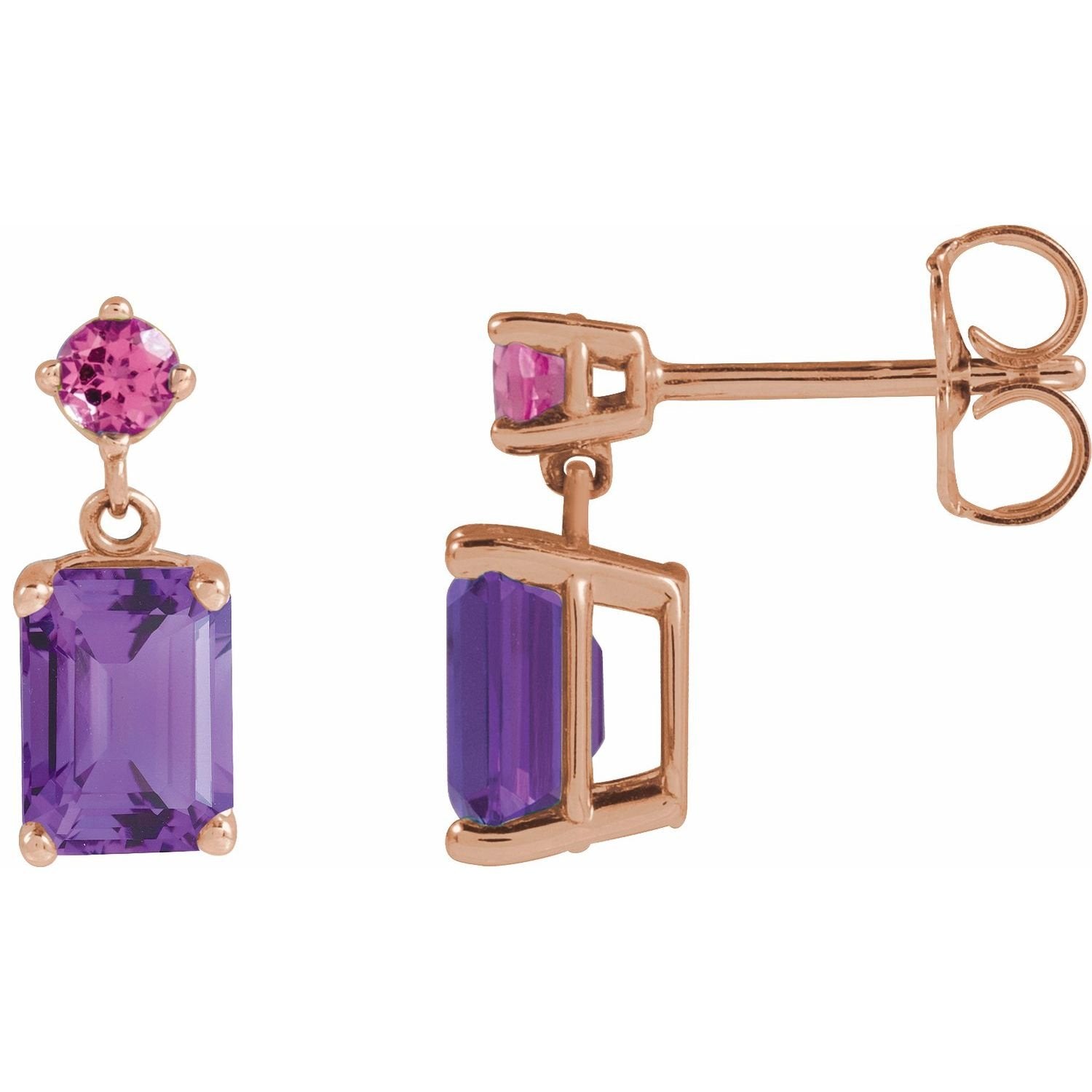 emerald-cut amethyst drop earrings in 14k Rose Gold
