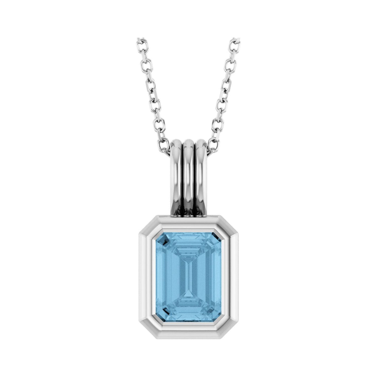 14K White Gold emerald-cut london blue topaz necklace, bezel-set with a ribbed bail