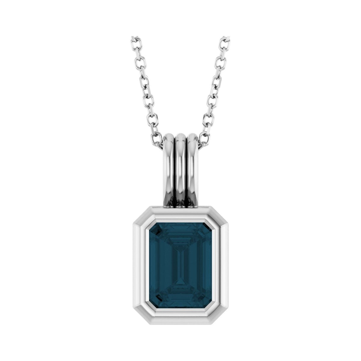 14K White Gold emerald-cut london blue topaz necklace, bezel-set with a ribbed bail