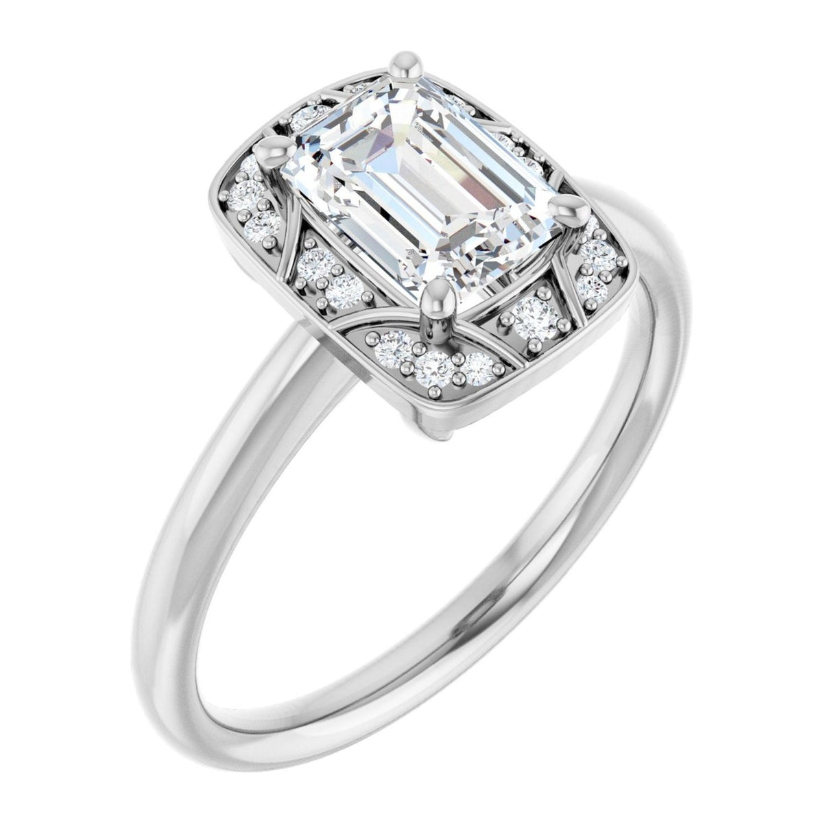 Emerald-Cut Lab-Grown Diamond Art Deco Halo engagement ring in 14K White Gold, shown with a 1.10 ct center
