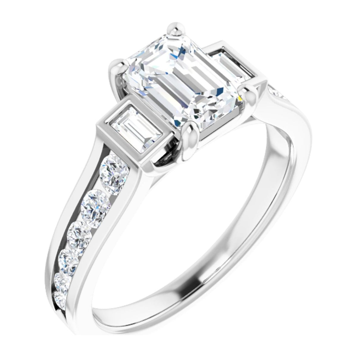 Emerald-Cut Lab-Grown Diamond Bezel Baguette Channel-Set engagement ring in 14K White Gold, shown with a 1.10 ct center