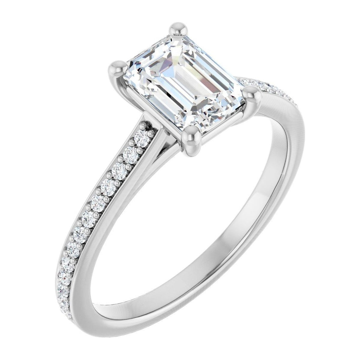 Emerald-Cut Lab-Grown Diamond Cathedral Pavé Solitaire engagement ring in 14K White Gold, shown with a 1.10 ct center