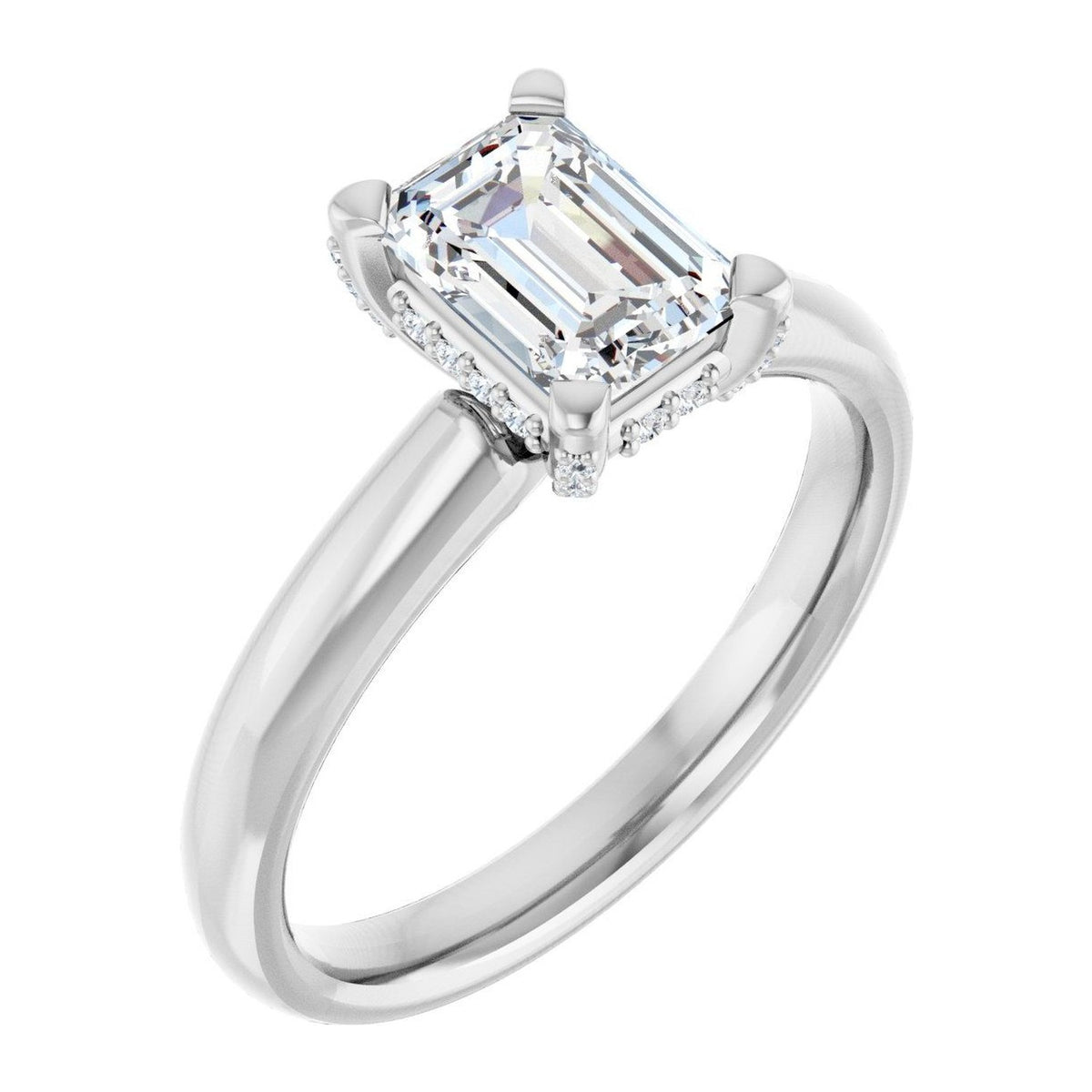 Emerald-Cut Lab-Grown Diamond Hidden-Halo Solitaire engagement ring in 14K White Gold, shown with a 1.10 ct center