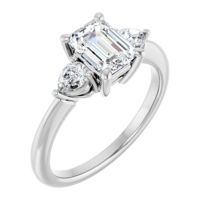 Emerald-Cut Lab-Grown Diamond Pear-Side Three-Stone engagement ring in 14K White Gold, shown with a 1.10 ct center