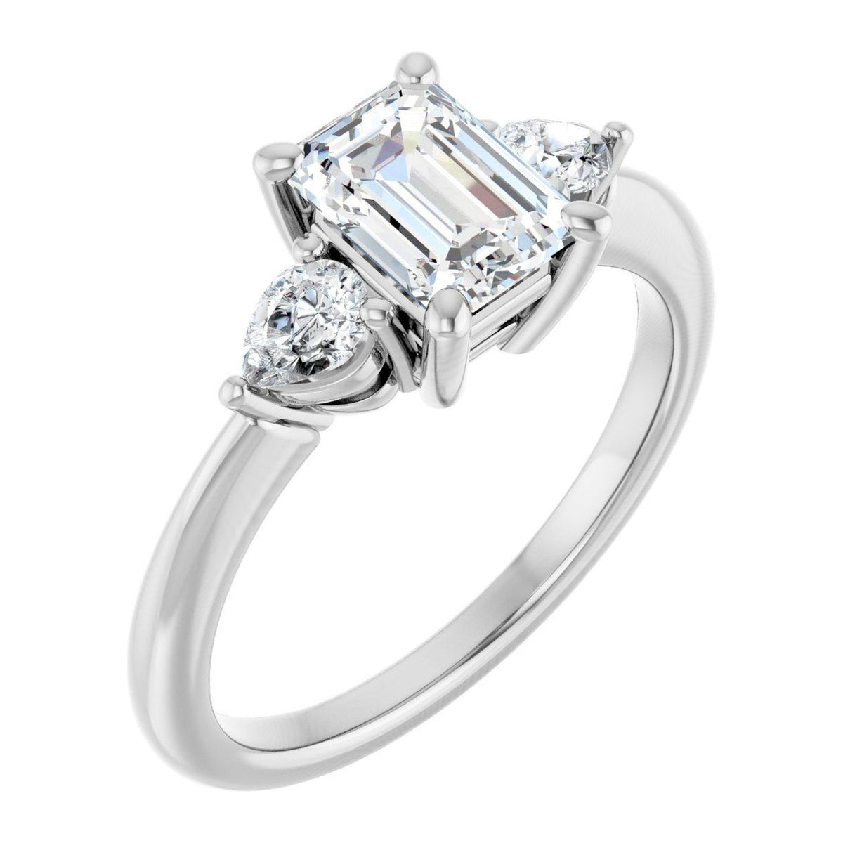 Emerald-Cut Lab-Grown Diamond Pear-Side Three-Stone engagement ring in 14K White Gold, shown with a 1.10 ct center