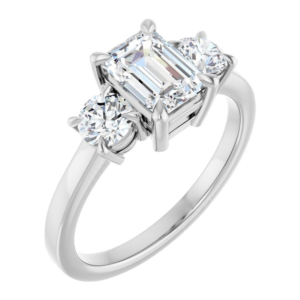 Emerald-Cut Lab-Grown Diamond Round-Side Three-Stone engagement ring in 14K White Gold, shown with a 1.10 ct center