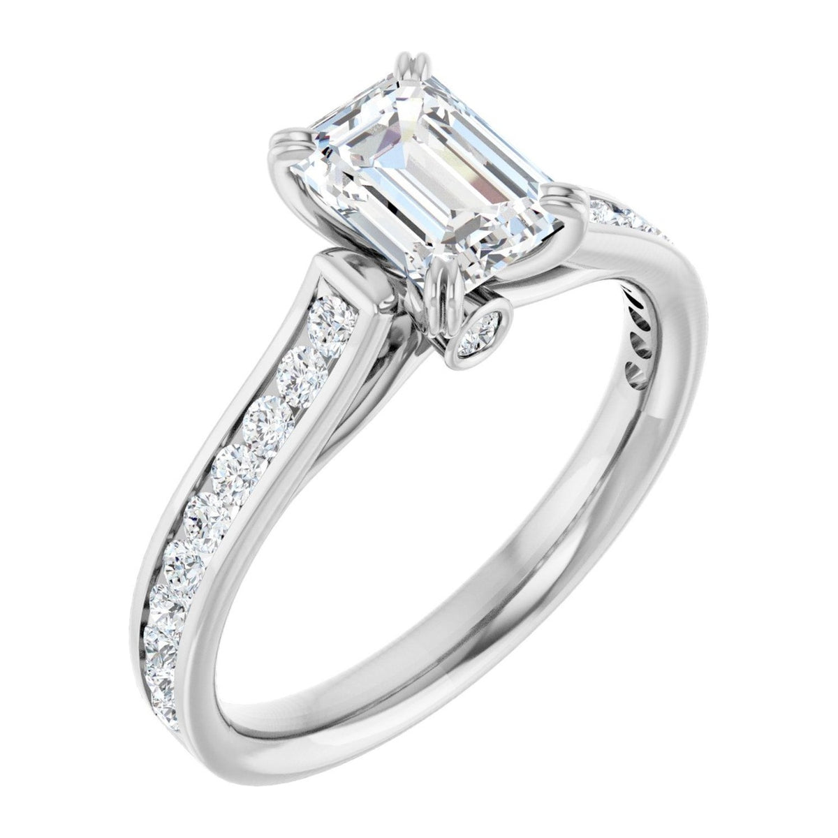 Emerald-Cut Lab-Grown Diamond Split-Prong Channel-Set Cathedral engagement ring in 14K White Gold, shown with a 1.10 ct center
