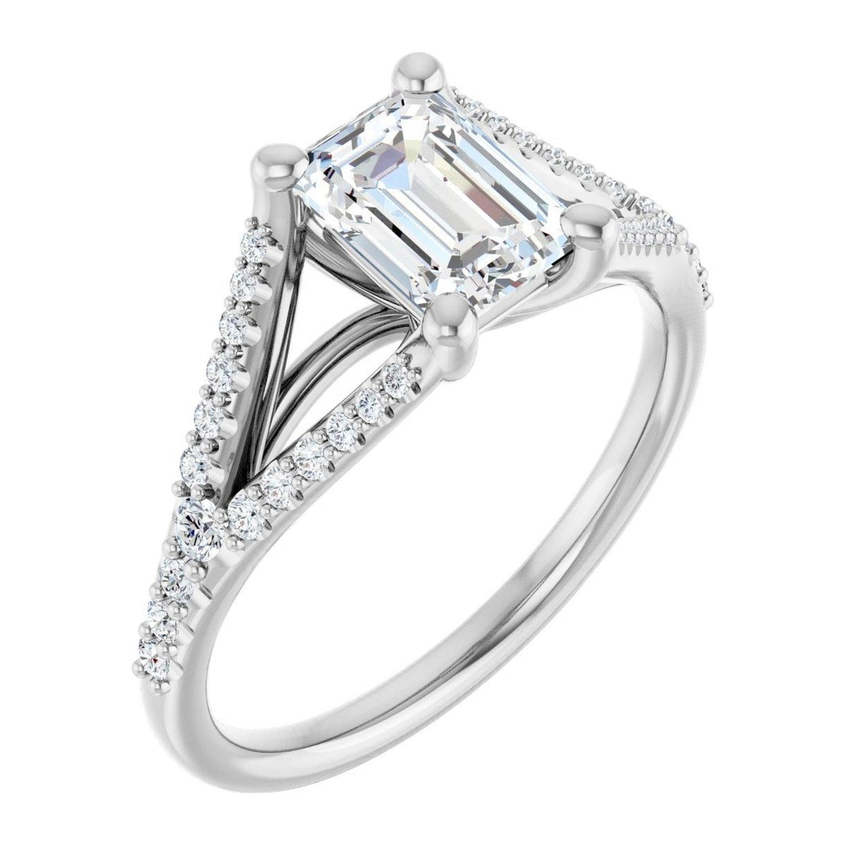 Emerald-Cut Lab-Grown Diamond Split-Shank Pavé Solitaire engagement ring in 14K White Gold, shown with a 1.10 ct center