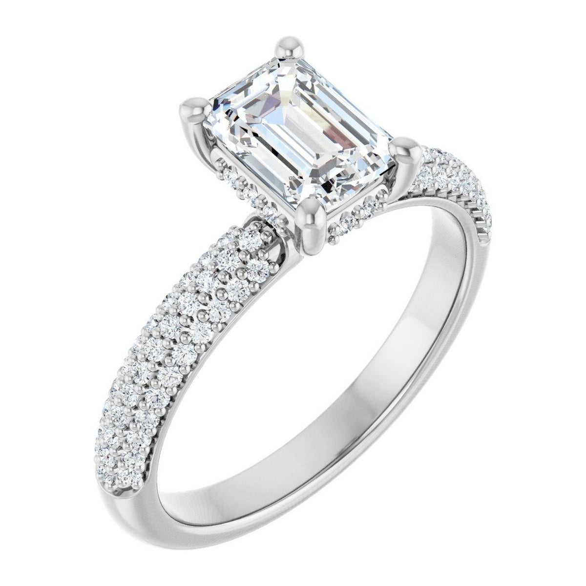 Emerald-Cut Lab-Grown Diamond Triple-Row Pavé Hidden-Halo engagement ring in 14K White Gold, shown with a 1.10 ct center