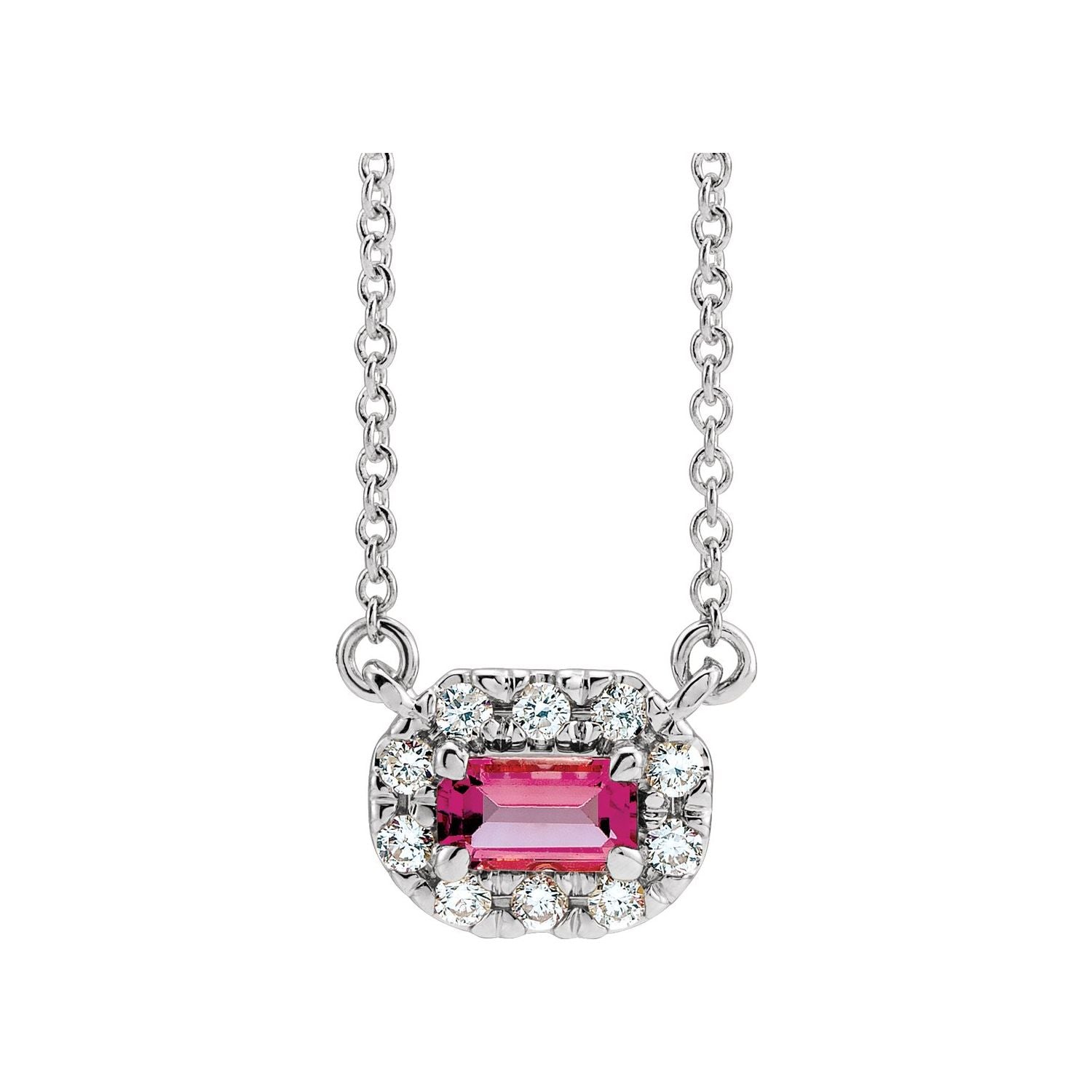Emerald-Cut Pink Tourmaline and Diamond Halo Necklace in 14K White Gold on a 16 or 18 inch gold cable chain
