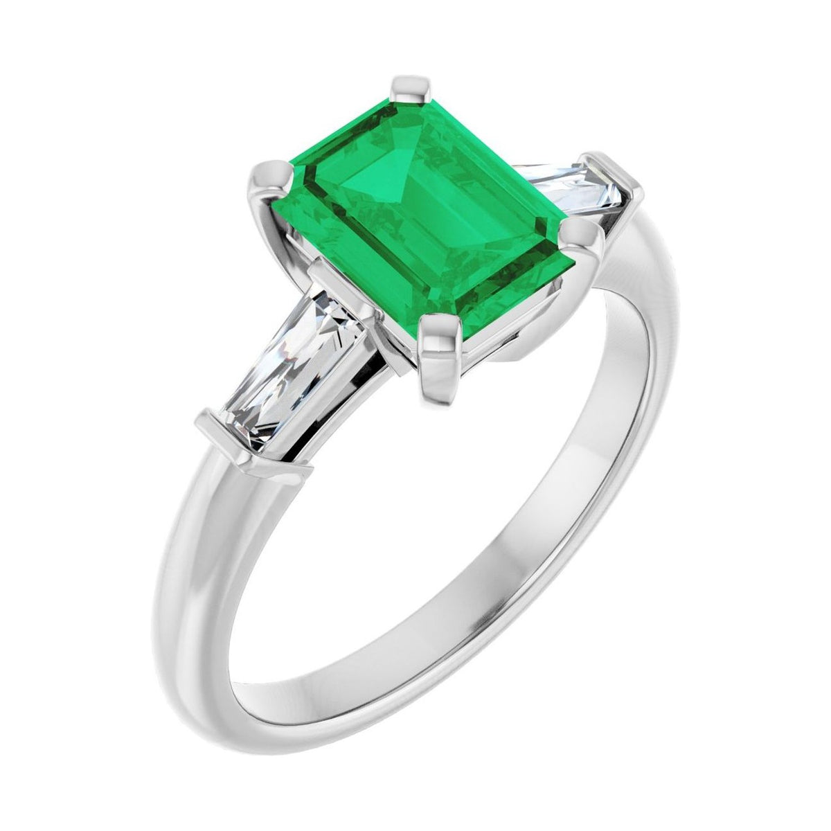 Emerald 1 ct emerald 14K White Gold tapered baguette three-stone engagement ring