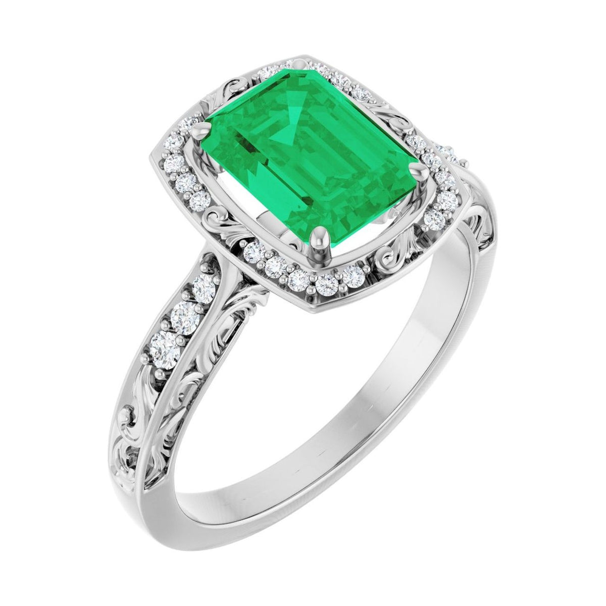 Emerald 1 ct emerald 14K White Gold vintage scroll halo engagement ring