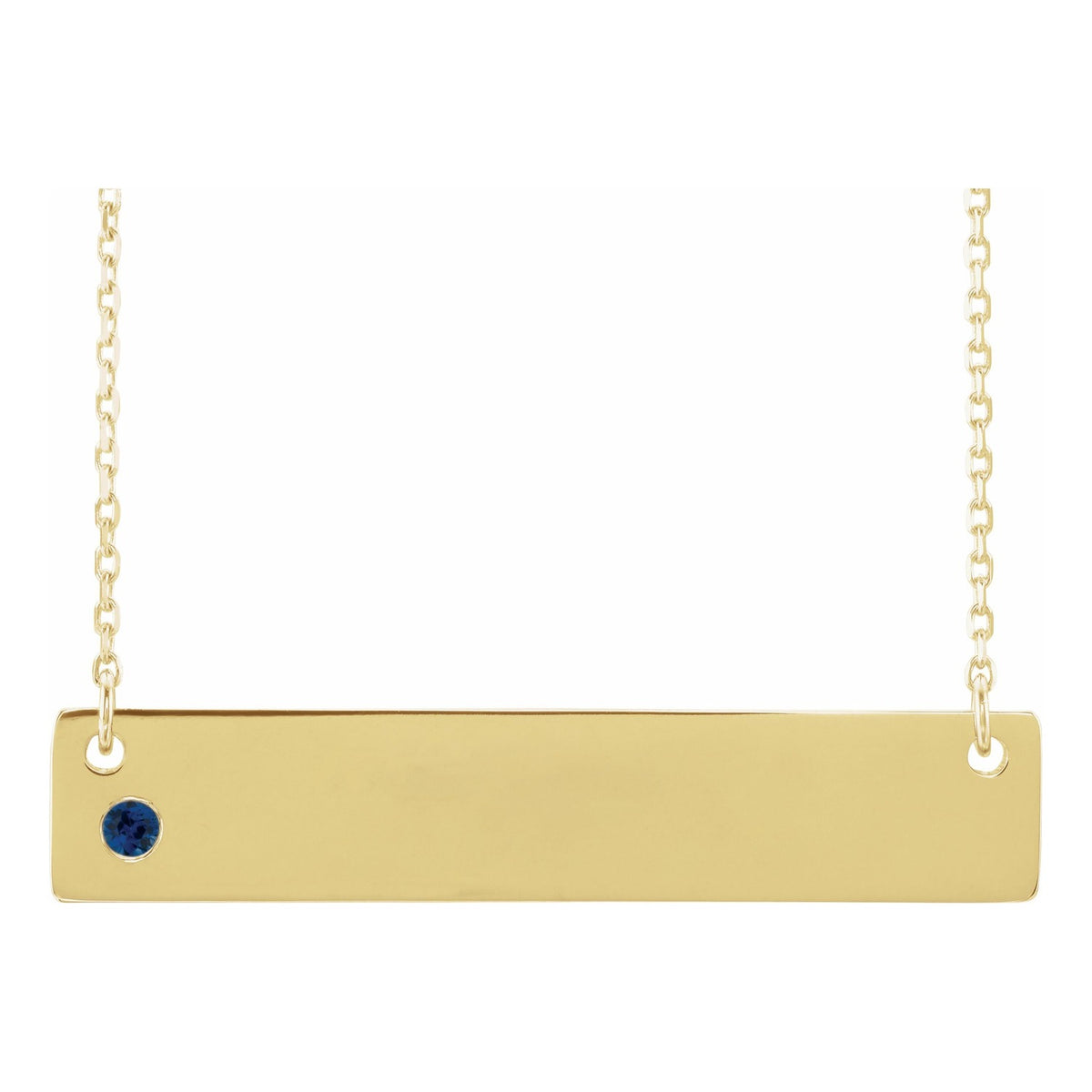 Engravable Birthstone Bar Necklace in 14K Yellow Gold, September sapphire
