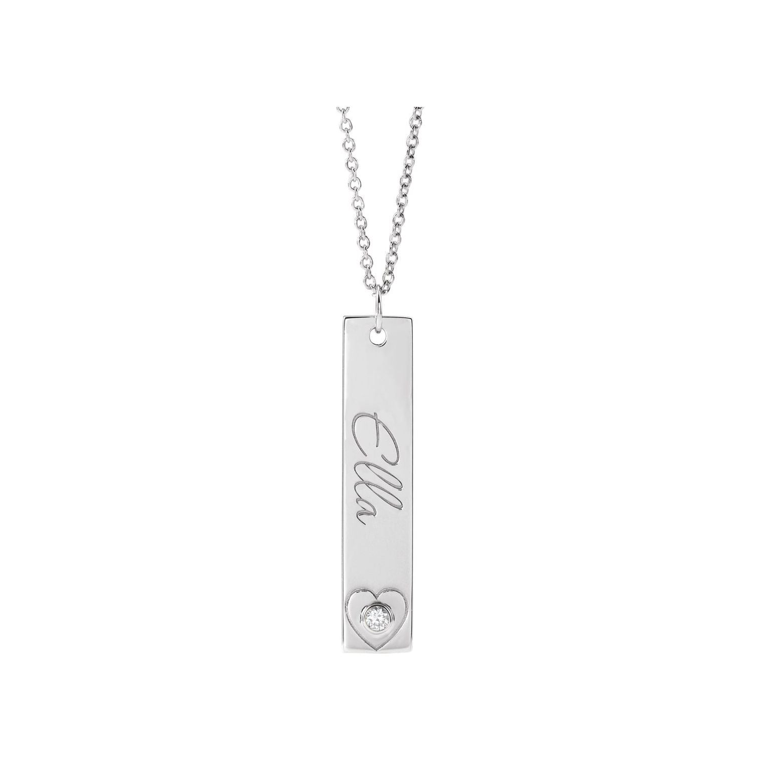 14K White Gold Natural Diamond Engravable Bar Necklace with Diamond Heart