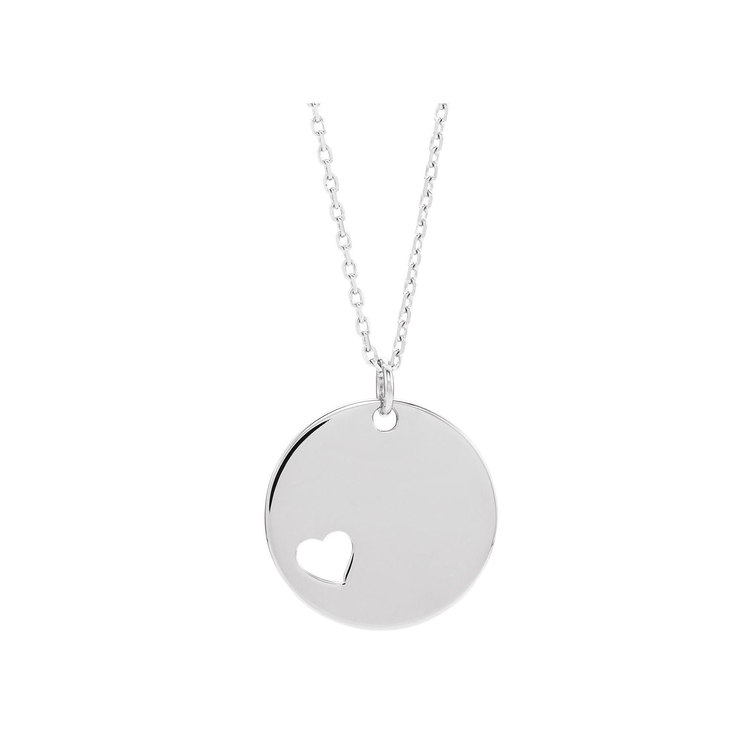 14K White Gold Engravable Heart Disc Necklace on an adjustable 16 to 18 inch cable chain