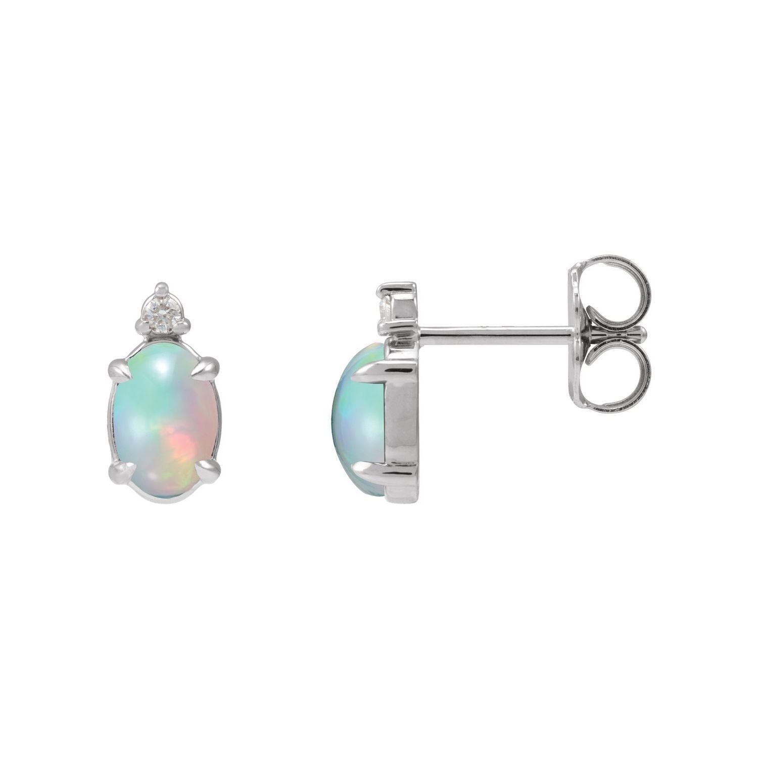 14K White Gold oval Ethiopian opal cabochon and natural diamond earrings